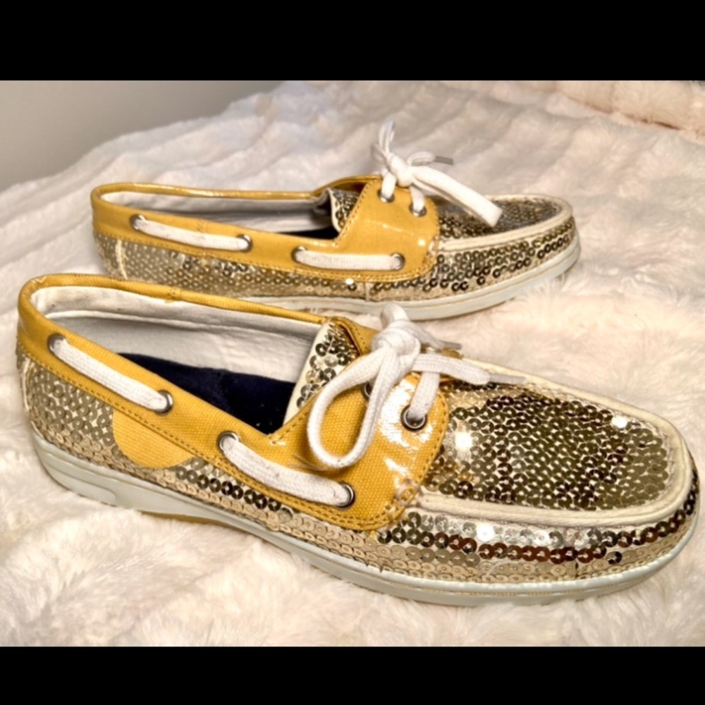Maui Island 7 Bali Glitz Gold Sequin Boat Shoes Loafers